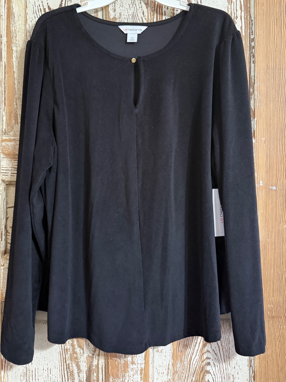 Liz Claiborne Key Hole Neck Long Sleeve Blouse Top - Black - 2X